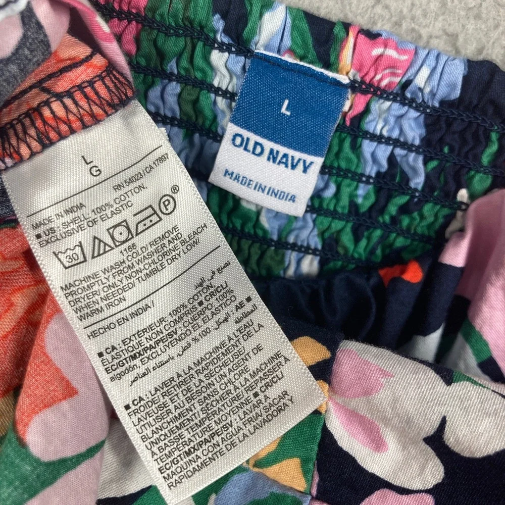 Old Navy Trapeze Top Womens Large Navy Black Floral Smocked Puff Sleeve Blouse